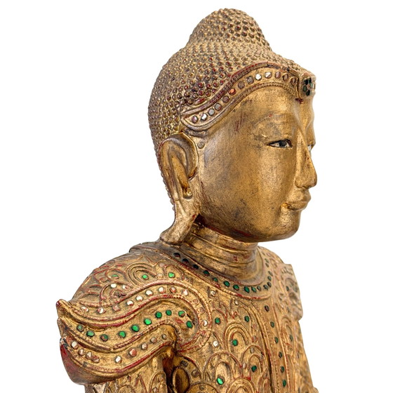 Antique Burmese Jambupati Buddha with glass mosaic, c. 1900 – Sculpture, Wood, Gold (photo 4 of 11)