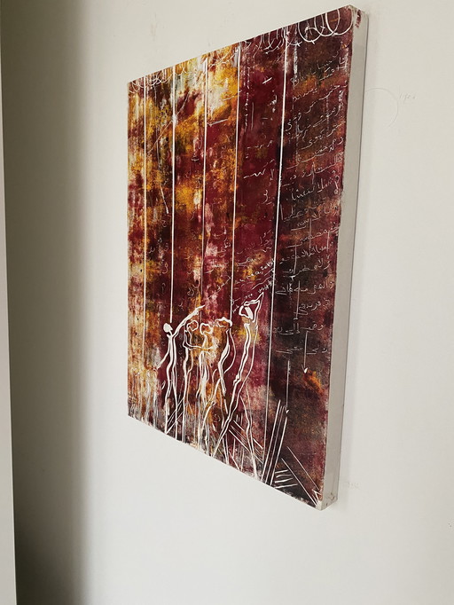 Schilderij gemaakt op houd met een linoleum print gesigneerd