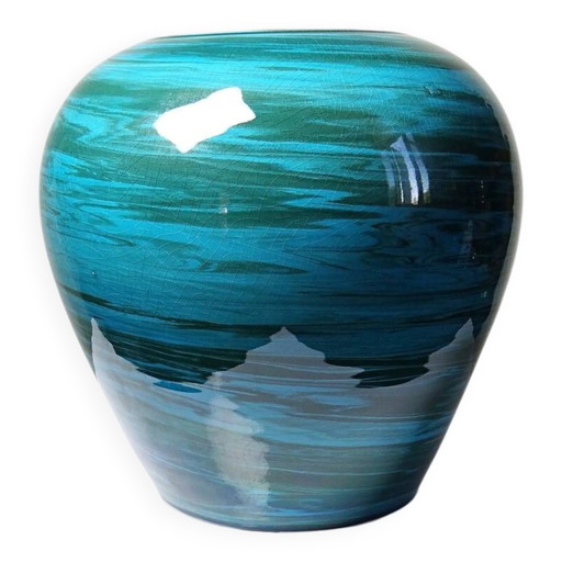 Grand vase en céramique avec argiles mélangées, glaçure vert malachite, années 1950-70.