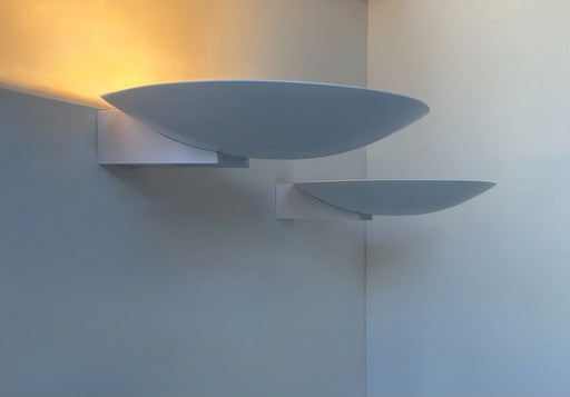 Pair of vintage modernist Disderot wall lights in white lacquered metal, France, 1970s