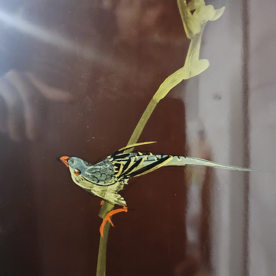 Image 1 of Mobiletto cinese vintage laccato rosso/oro con fiori e uccelli / mobiletto bohémien / mobiletto orientale