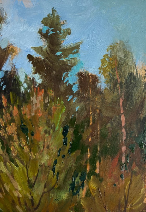 Image 1 of Original Oil Painting Snowy Trees Landscape Path in the winter forest