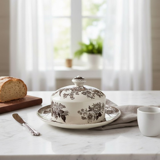 Image 1 of Beurrier en céramique blanche et brune Wedgwood Faisans