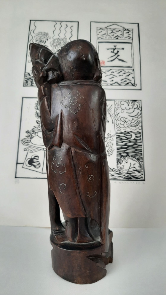 Image 1 of Antiek Chinees houten beeld, 1920 met zilverinleg