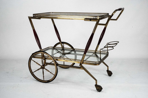 Mid-Century Italian Brass and Glass Bar Cart by Cesare Lacca. Italy 1950s