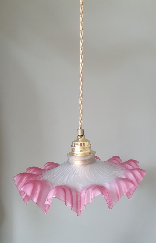 vintage french frosted glass pendant lamp in Clichy style.
