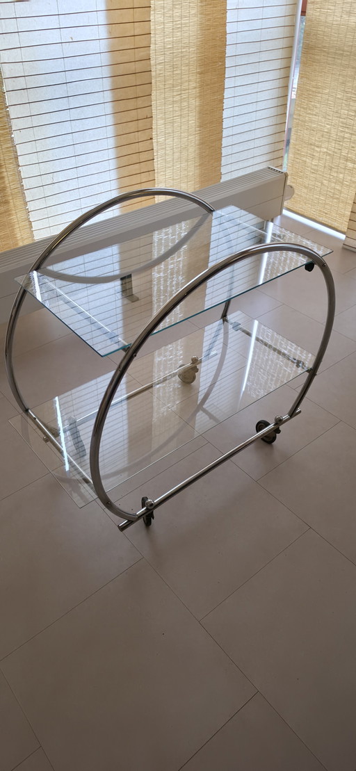 Originaler Servierwagen im Bauhaus-/Art-déco-Stil aus den 1930er-Jahren – verchromtes Messing