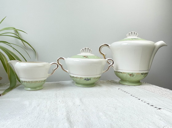 Image 1 of Vintage White Green Gold Salins Porcelain Tea/Coffee Set Made In France