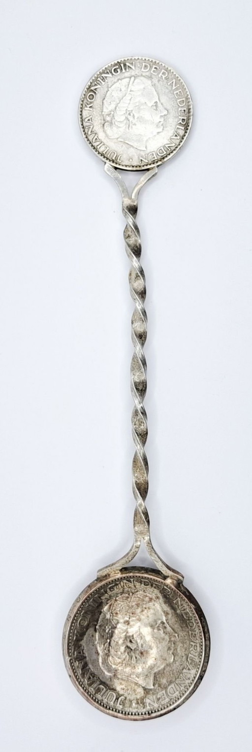 Cuillère ancienne en argent avec pièce (26 grammes) – Rijksdaalder 1960 & Gulden 1957