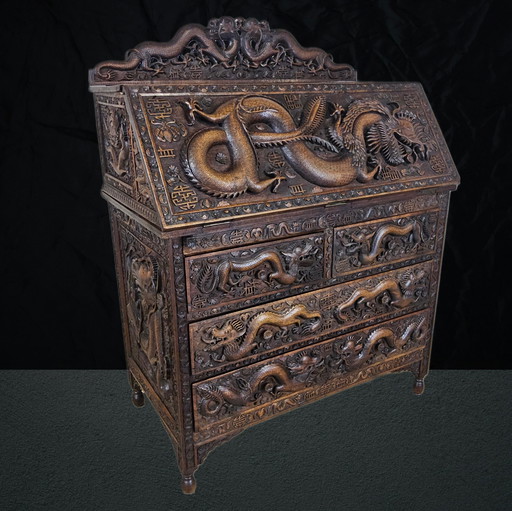 Antieke 19e Eeuwse Chinese Secretaire Mythologische Draken Houtsnijwerk / Bohemian / Aziatisch / Oriental (Huanghuali hout) 