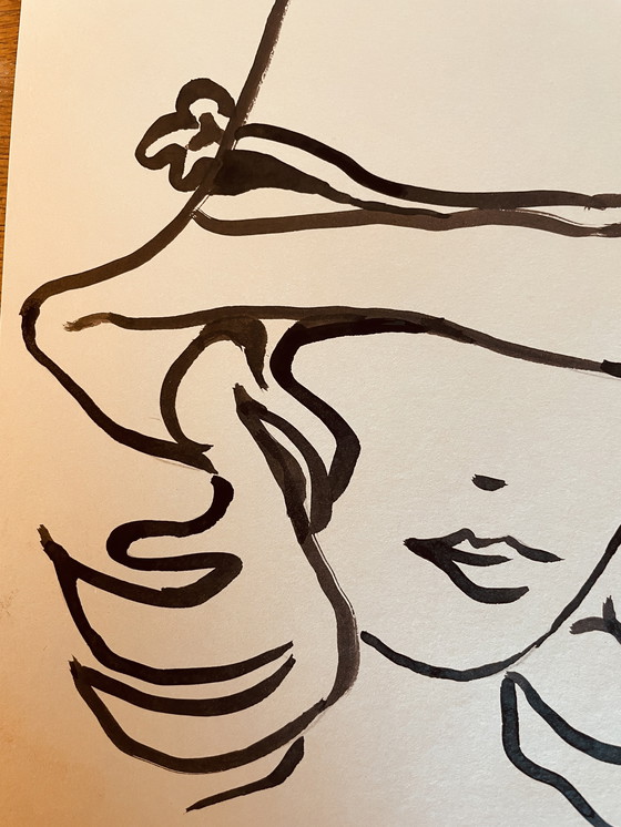 Image 1 of Retrato femenino de moda, "Sombrero", pintura firmada, grabado en tinta china
