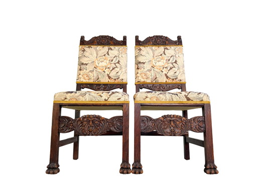 Original set of 2 neo-baroque chairs Antique wood carving Floral
