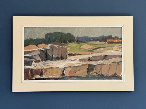 Paysage côtier abstrait et expressionniste à l'huile sur toile