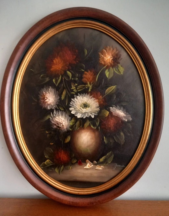 Natura Morta con Crisantemi, Olio a Impasto, Cornice Ovale, Dipinti e disegni, Legno, Multicolore (foto 2 di 8)