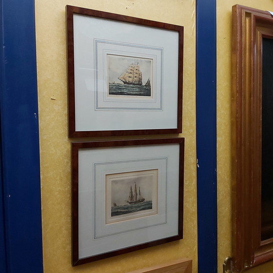 Image 1 of 2 x nautical prints sailships in wooden frame 
