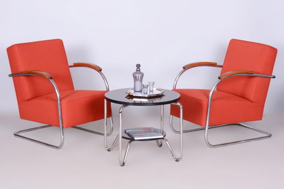 Ensemble de deux fauteuils Bauhaus restaurés, par Mücke Melder, chromés, République tchèque, années 1930 (photo 4 of 14)