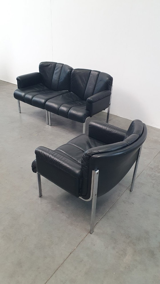 Image 1 of 3x Girsberger leather Eurochairs, Hans Eichenberger modular vintage 70s lounge