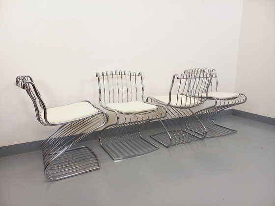 Image 1 of Suite van 4 Gastone Rinaldi Vintage Italiaanse stoelen in verchroomd metaal en Bouclettes stof uit de jaren 70