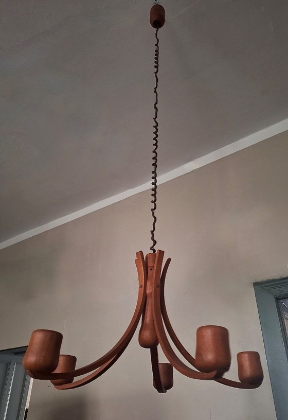 Image 1 of Variable Height Teak Chandelier with Five-Arms by Domus, Denmark 1970s