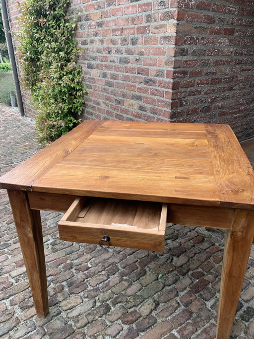 Country Style Teak Dining Table + 4 Lloyd Loom Chairs – eetkamerset, Wood, Wicker (photo 2 of 8)