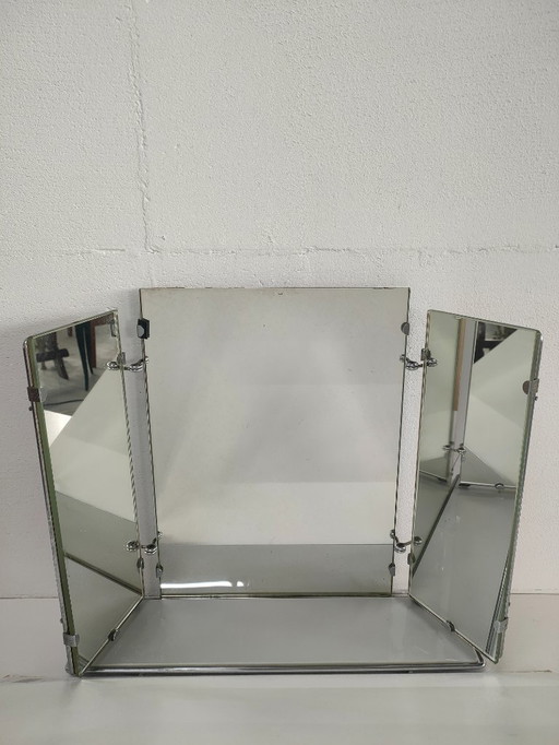 Miroir de salle de bain triptyque vintage de style Art déco avec étagère
