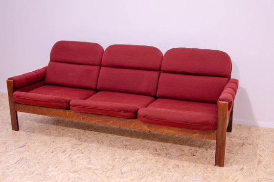 Vintage Scandinavian Style Three-Seater Lounge Sofa, Mid-Century Modern Seating, 1970s, Textile, Wood, Brown (photo 8 of 8)