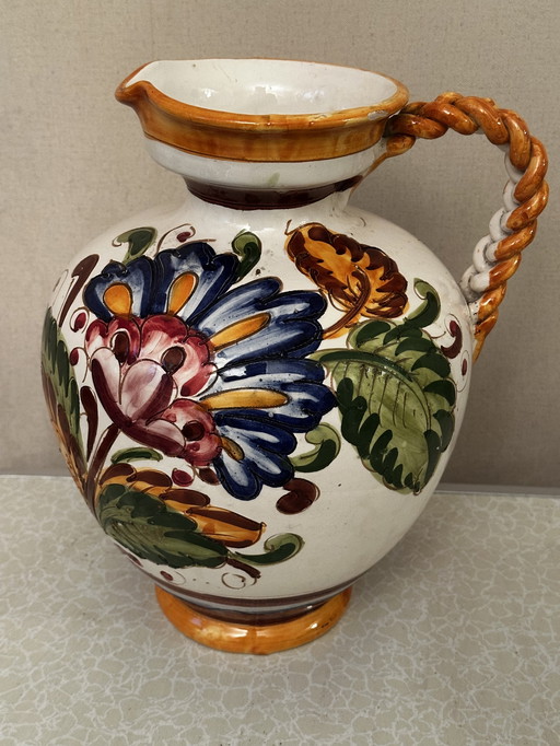 Large Vintage Italian Ceramic Jug - Hand-carved and painted floral decoration - Twisted handle