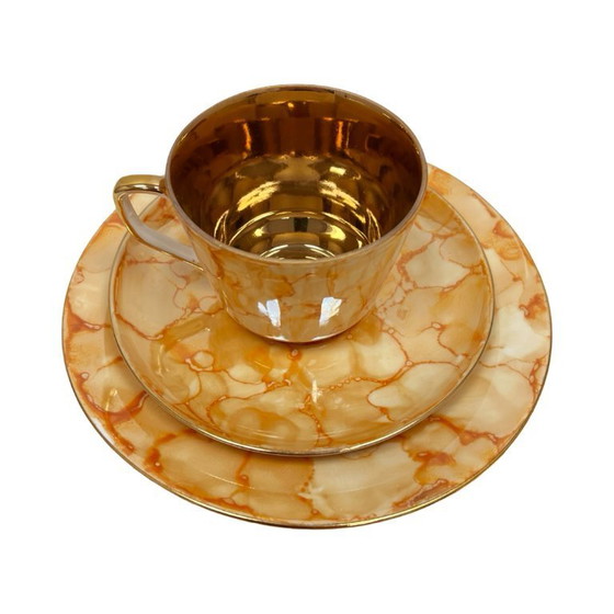 Image 1 of Chodzież "Trio" breakfast set – marbled gold design, PRL era (1970s).