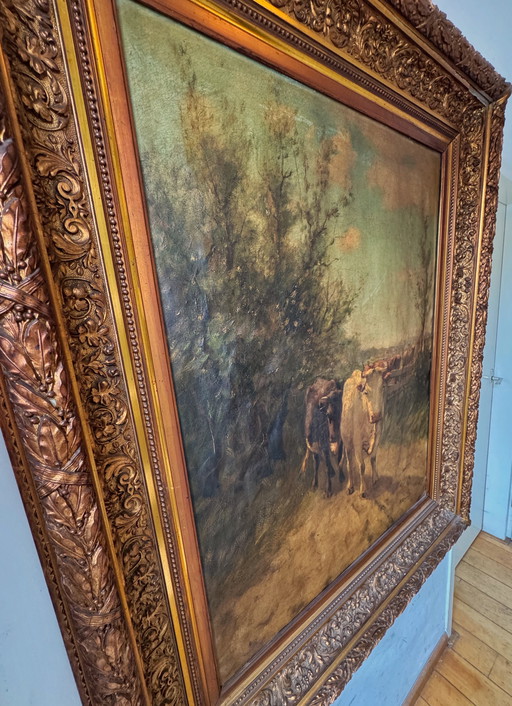 Zeer groot olieverf schilderij M.Vlamings, Landschap met runderen 