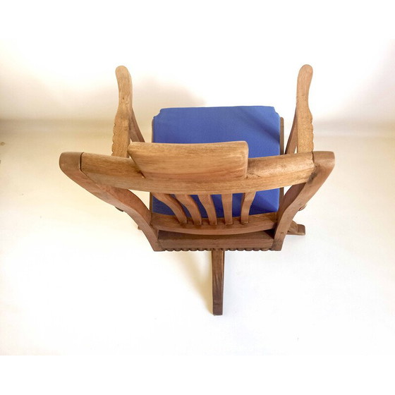 Image 1 of Vintage barber chair in solid teak and blue fabric, 1930