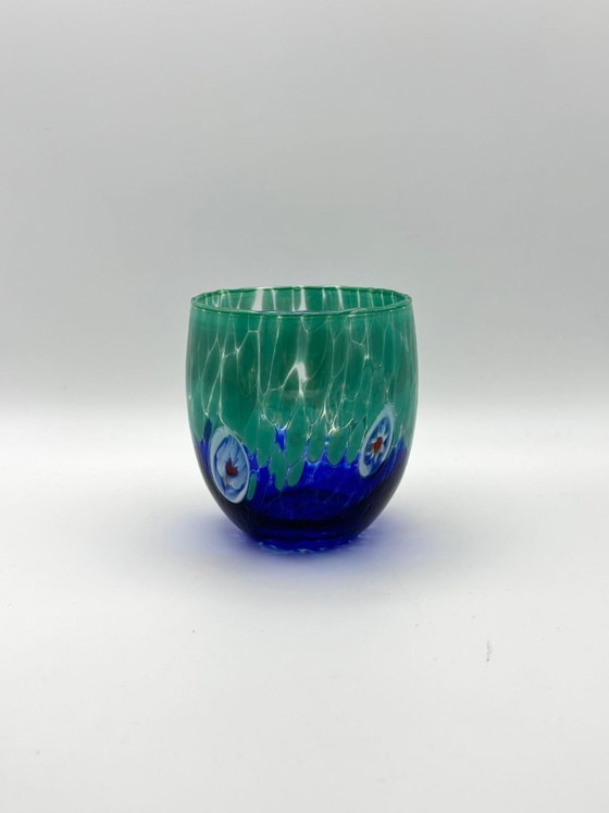Image 1 of Set van 6 Venetiaanse glazen van geblazen glas met Murano-effect (murrine) in het glas verwerkt, handgemaakt in Italië.