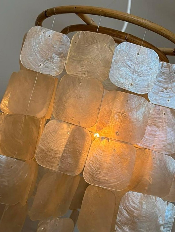 Image 1 of Lot de 2 lampes suspendues Capiz Shell Perle de coquillage Cadre en bambou Câblage blanc