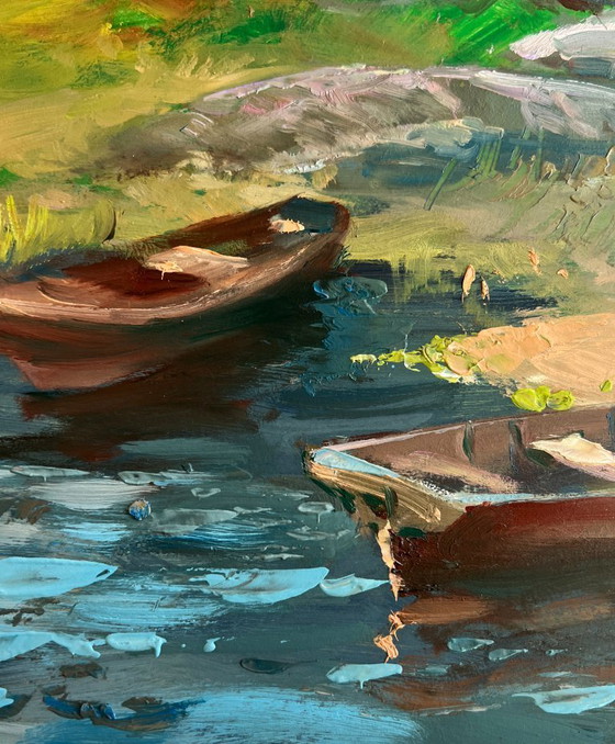 Image 1 of Original Oil Painting Summer Coastal Landscape The river carries village dreams