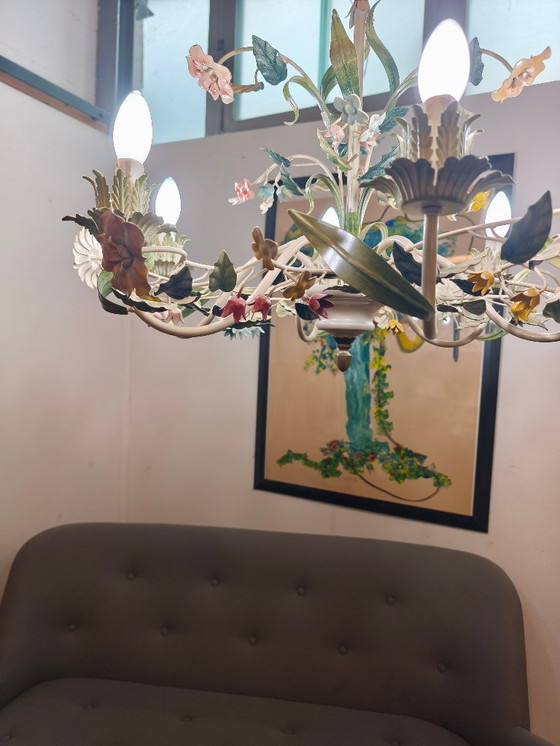 Image 1 of Toleware Italy, 6-arm floral chandelier, ceiling light, 1960s