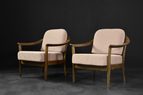 Image 1 of Mid-Century German Modern Elegante Kirschholz- und schmutzigrosa Stoffsessel von Wilhelm Knoll, 1970er Jahre, 2er-Set