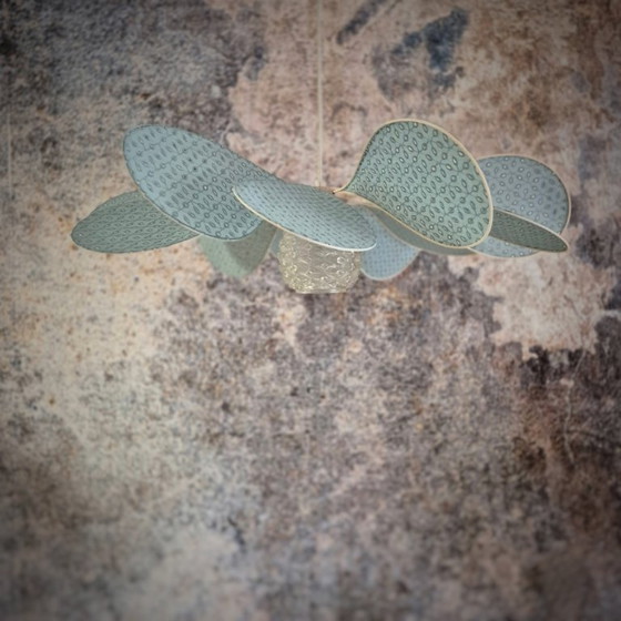 Image 1 of 12-blade hanging lamp in rattan and sage embroidery with vintage chased glass globe