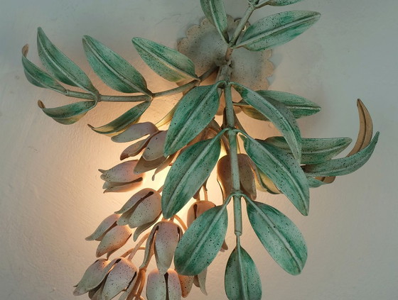 Image 1 of vintage florentine wisteria WALL LAMP metal floral hollywood regency style italy 1970s 80s