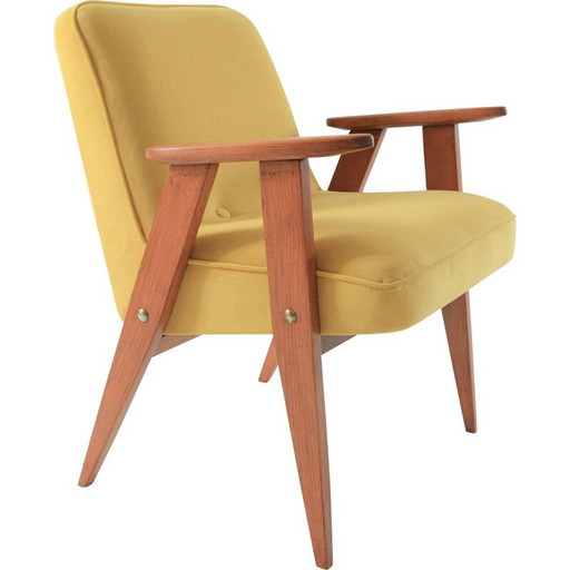 Poltrona vintage 366 firmata J.Chierowski di colore giallo con uccelli