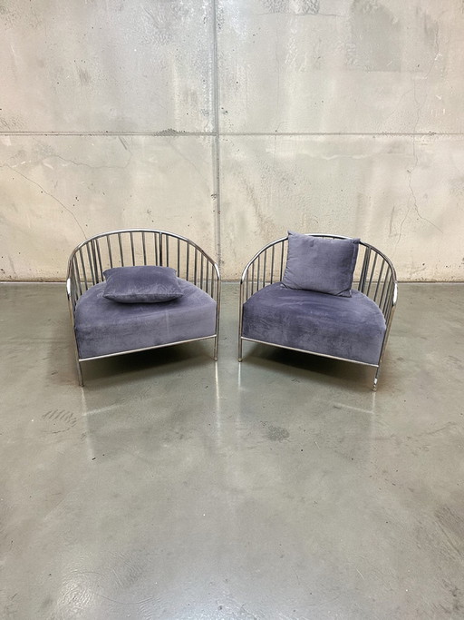 Poltrona lounge vintage in metallo con struttura a corde, design moderno, stile Space Age.