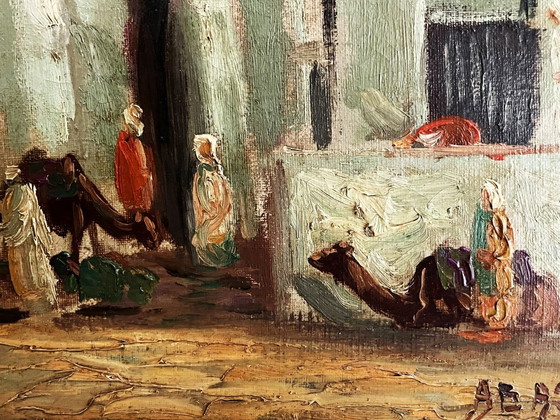 Dipinto a olio con scena orientale, firmato AB 95, Dipinti e disegni, Tela, Legno, Verde, Figuratief (foto 5 di 6)