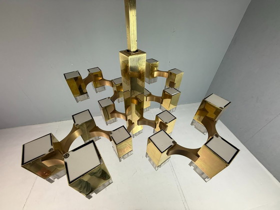 Image 1 of Lustre cubique Sciolari en laiton, édition rare, 17 lumières, Italie des années 1970