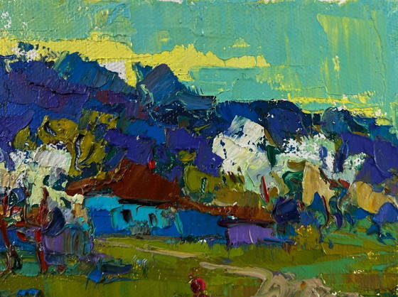 Image 1 of Original Oil Painting Summer House Landscape Beyond the village the path to freedom