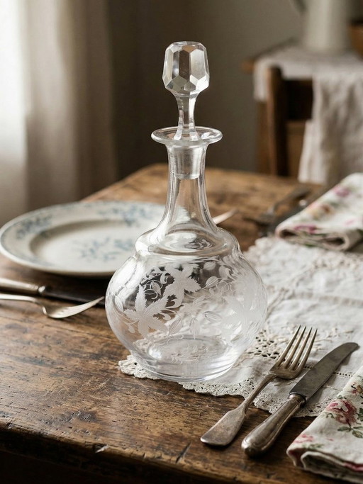 Antique engraved crystal decanter with vegetal decoration, Bohemian 19th-20th century