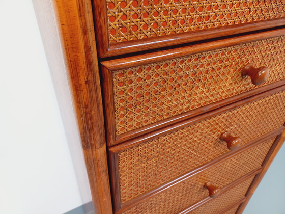 Image 1 of Commode Chiffonnier Semainier Vintage en Rotin, Bois et Cannage des Années 70