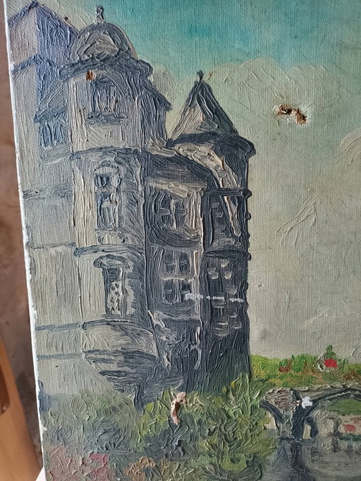 Antiguo óleo sobre lienzo Chateau d'Espalion firmado 