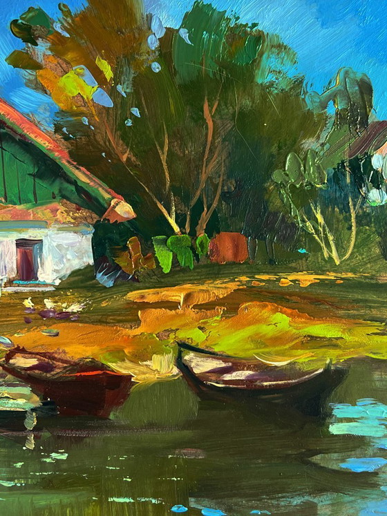 Image 1 of Origineel olieverfschilderij: Landelijk landschap, rivierboten bij het huis.