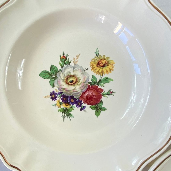 Image 1 of Set of 6 antique Badonviller earthenware soup plates with flowers and gilding