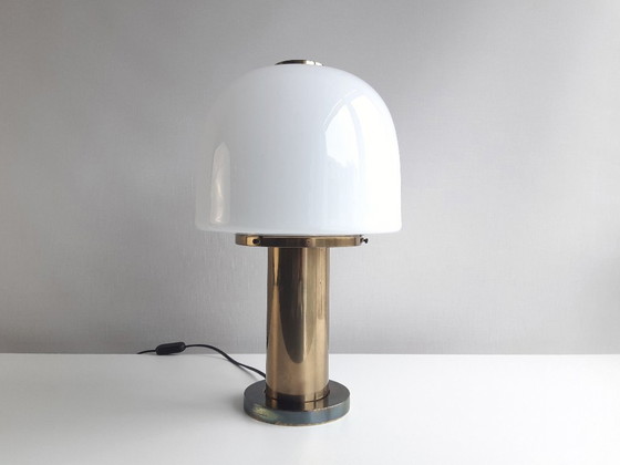 Image 1 of Glashütte Limburg vintage table lamp, brass desk lamp with frosted glass shade, mid-century modern table lamp