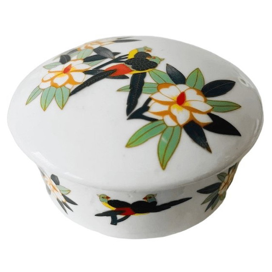 Image 1 of Vintage Oriental jewelry box porcelain flowers & parrots 1970s