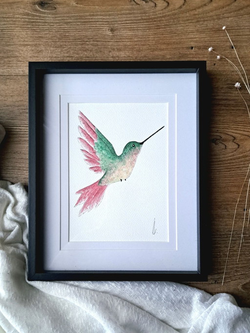 Pintura acuarela original colibrí | Con marco